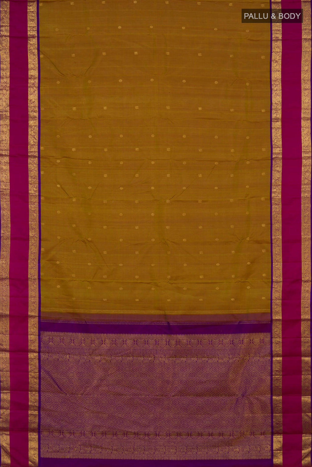 Flat view of Pure Silk Pure Zari Green Dual Tone Kanchipuram Saree with Zari Butta on the body and Zari Border. 