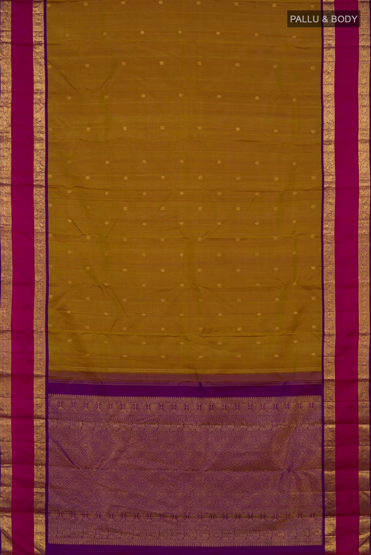 Flat view of Pure Silk Pure Zari Green Dual Tone Kanchipuram Saree with Zari Butta on the body and Zari Border. 