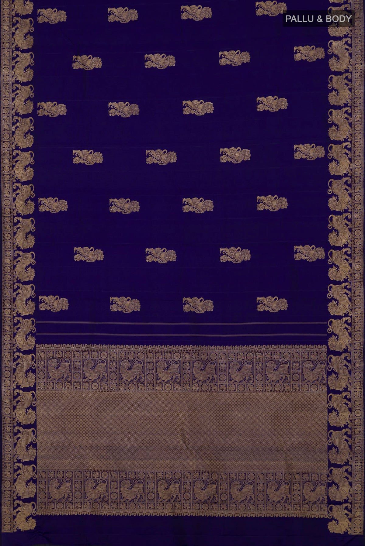 Flat view of Pure Silk Blue Kanjivaram Saree with Thread Butta on the body and Thread Border. 