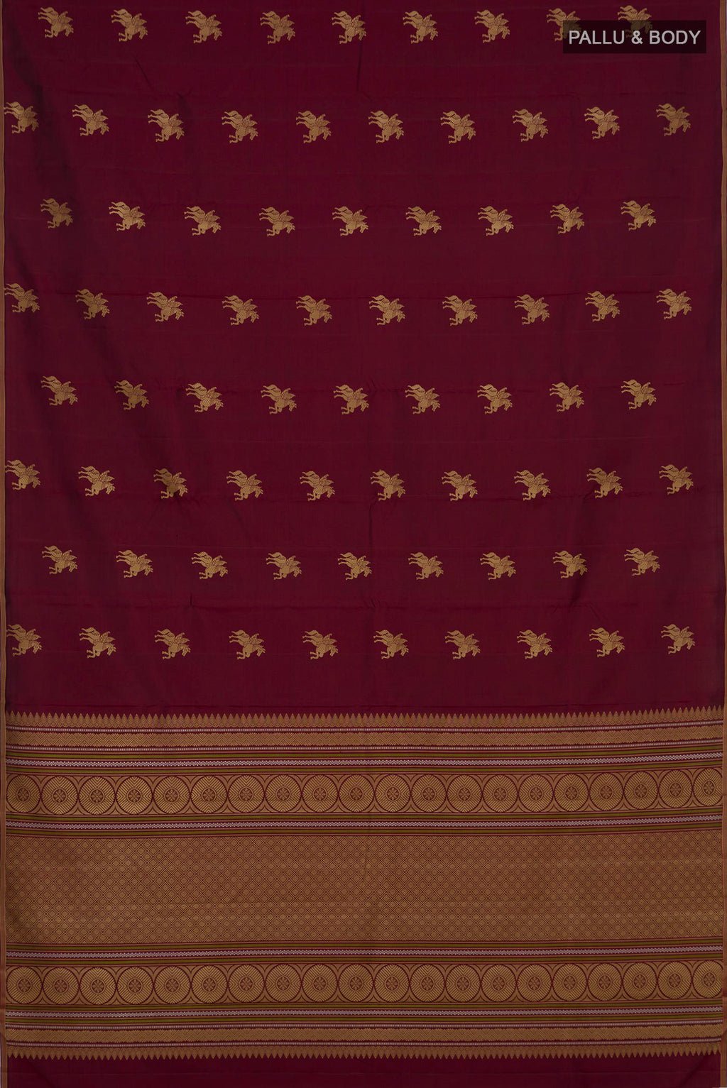 Flat view of Pure Silk Pure Zari Maroon Kanchipuram Saree with Zari Butta on the body and Thin Zari Line. 