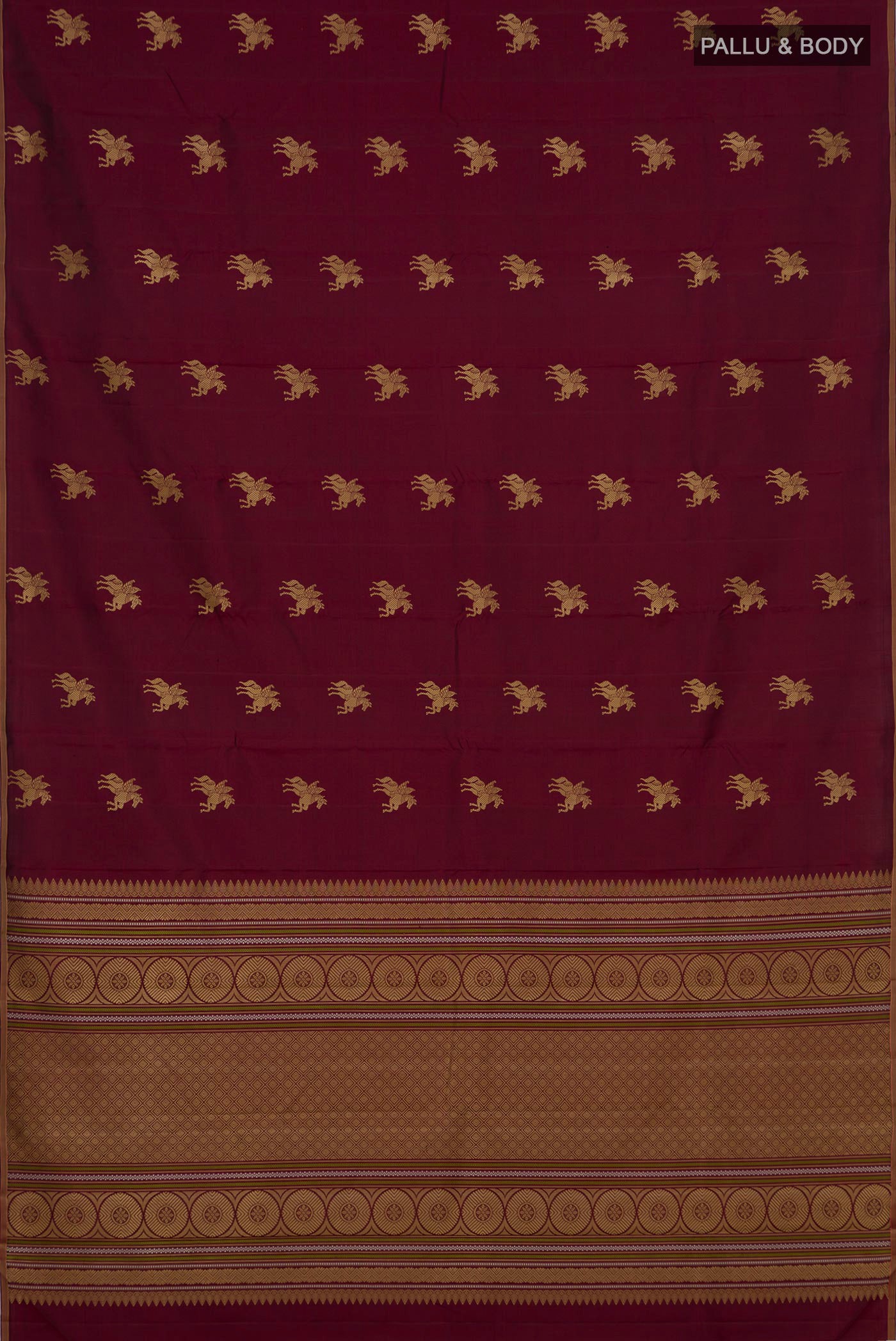 Flat view of Pure Silk Pure Zari Maroon Kanchipuram Saree with Zari Butta on the body and Thin Zari Line. 