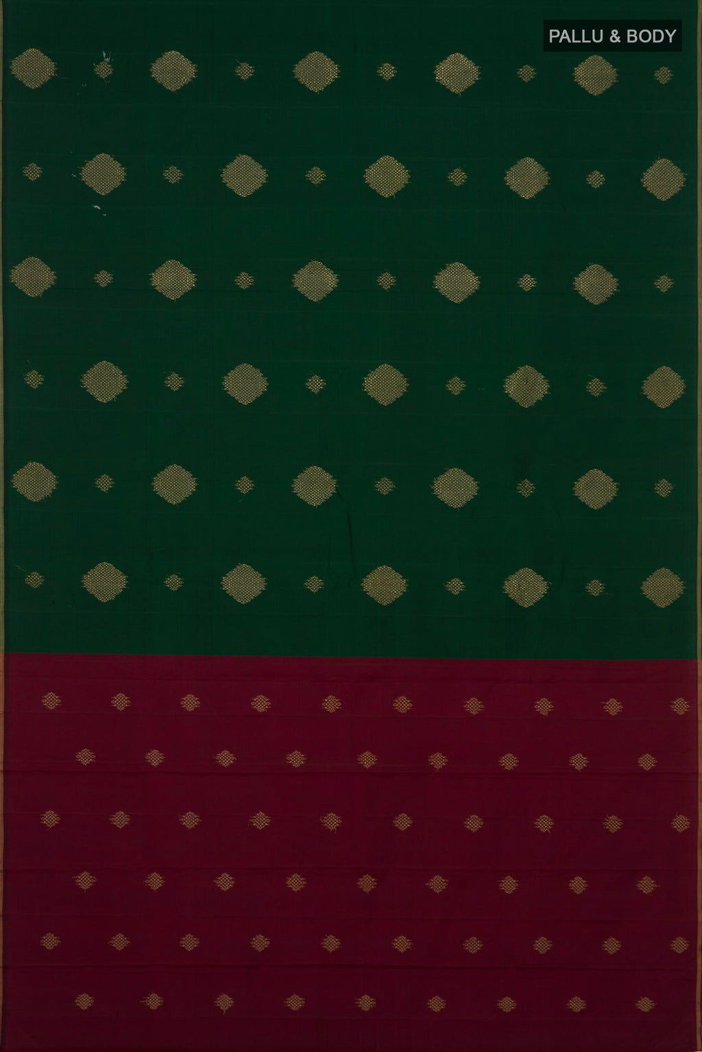Flat view of Bottle Green Kanchipuram Silk Saree with Zari Butta on the body and Thin Zari Line. 