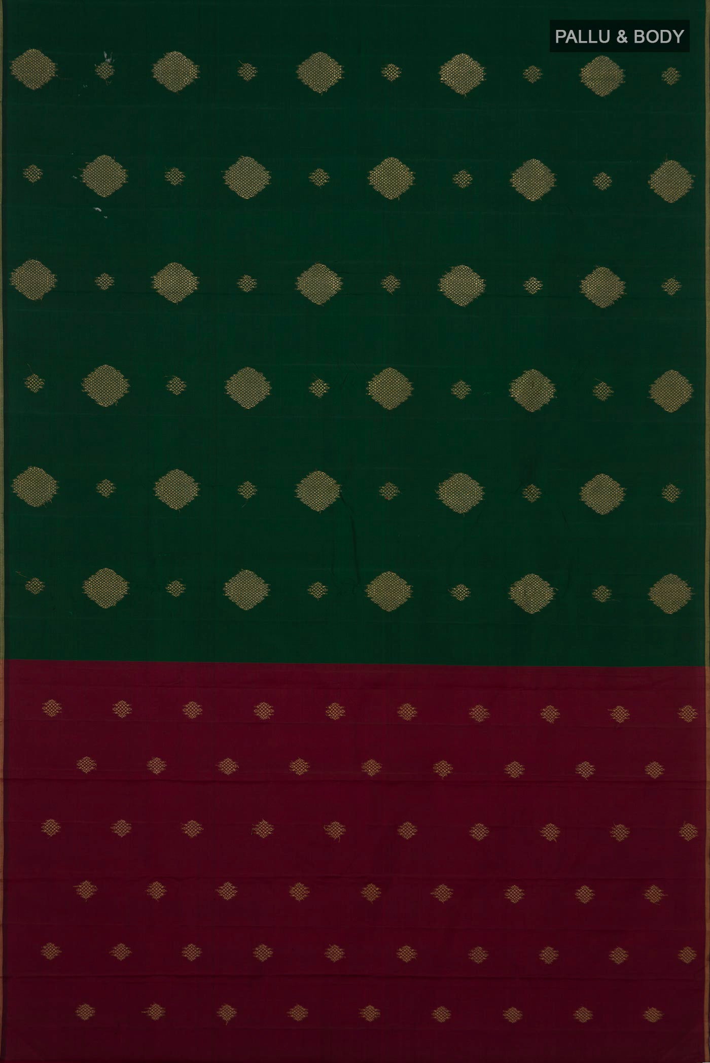 Flat view of Bottle Green Kanchipuram Silk Saree with Zari Butta on the body and Thin Zari Line. 