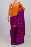 Multi Color Kanjivaram Silk Saree with Half And Half on the body and Thin Zari Line.  displayed on a mannequin