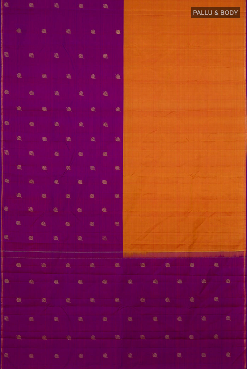 Flat view of Multi Color Kanjivaram Silk Saree with Half And Half on the body and Thin Zari Line. 