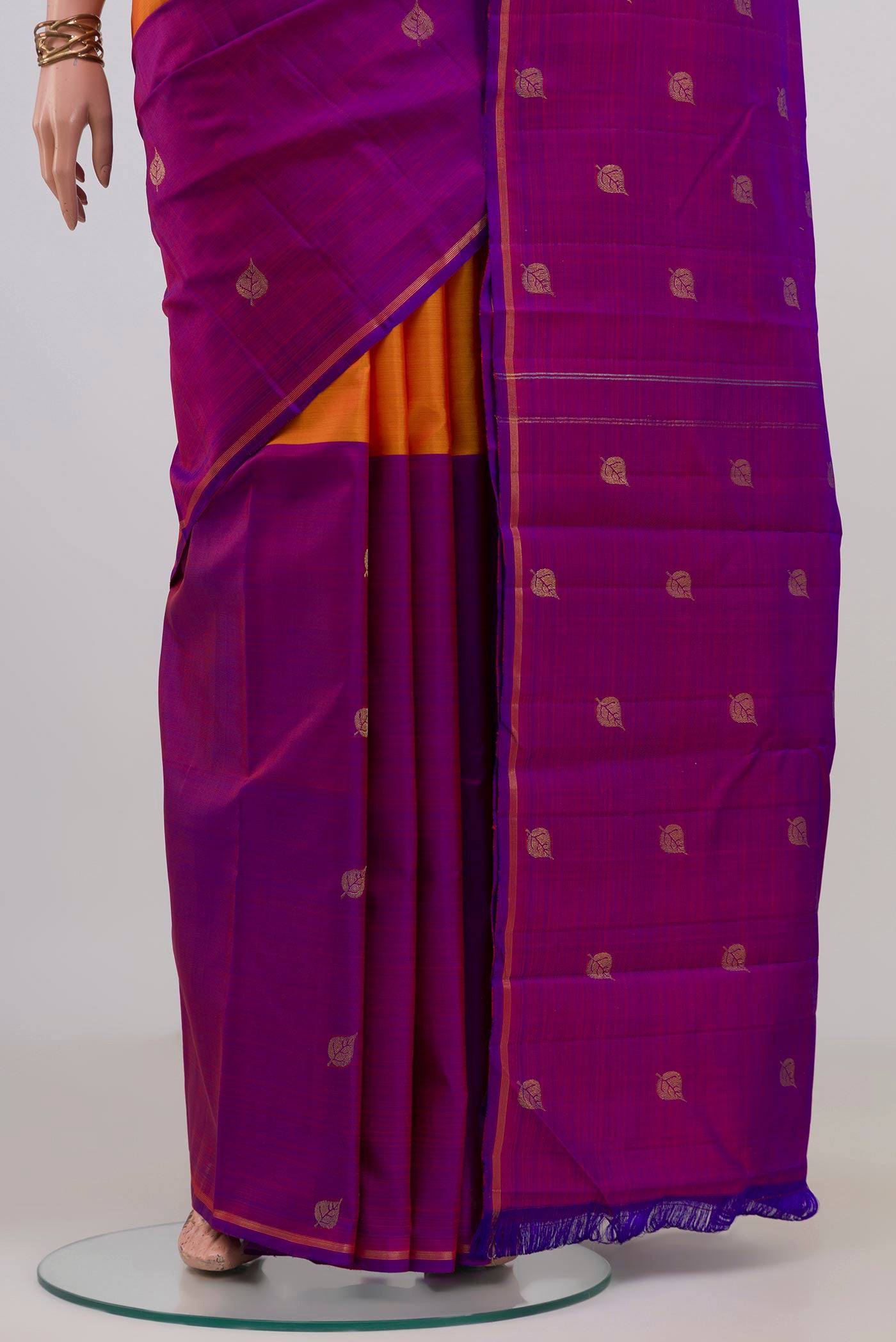 Pleats and pallu of Multi Color Kanjivaram Silk Saree with Half And Half on the body and Thin Zari Line. 