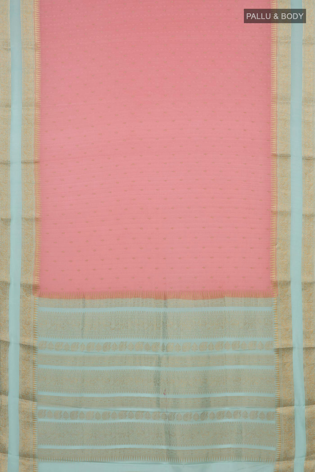 Flat view of Peach Mysore Crepe Saree with Zari Butta on the body and Zari Border. 