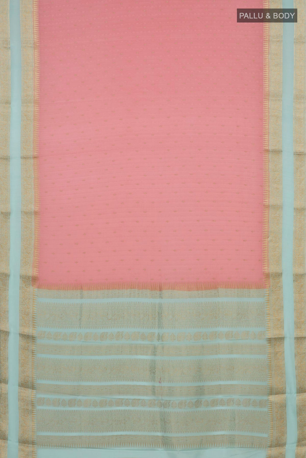 Flat view of Peach Mysore Crepe Saree with Zari Butta on the body and Zari Border. 