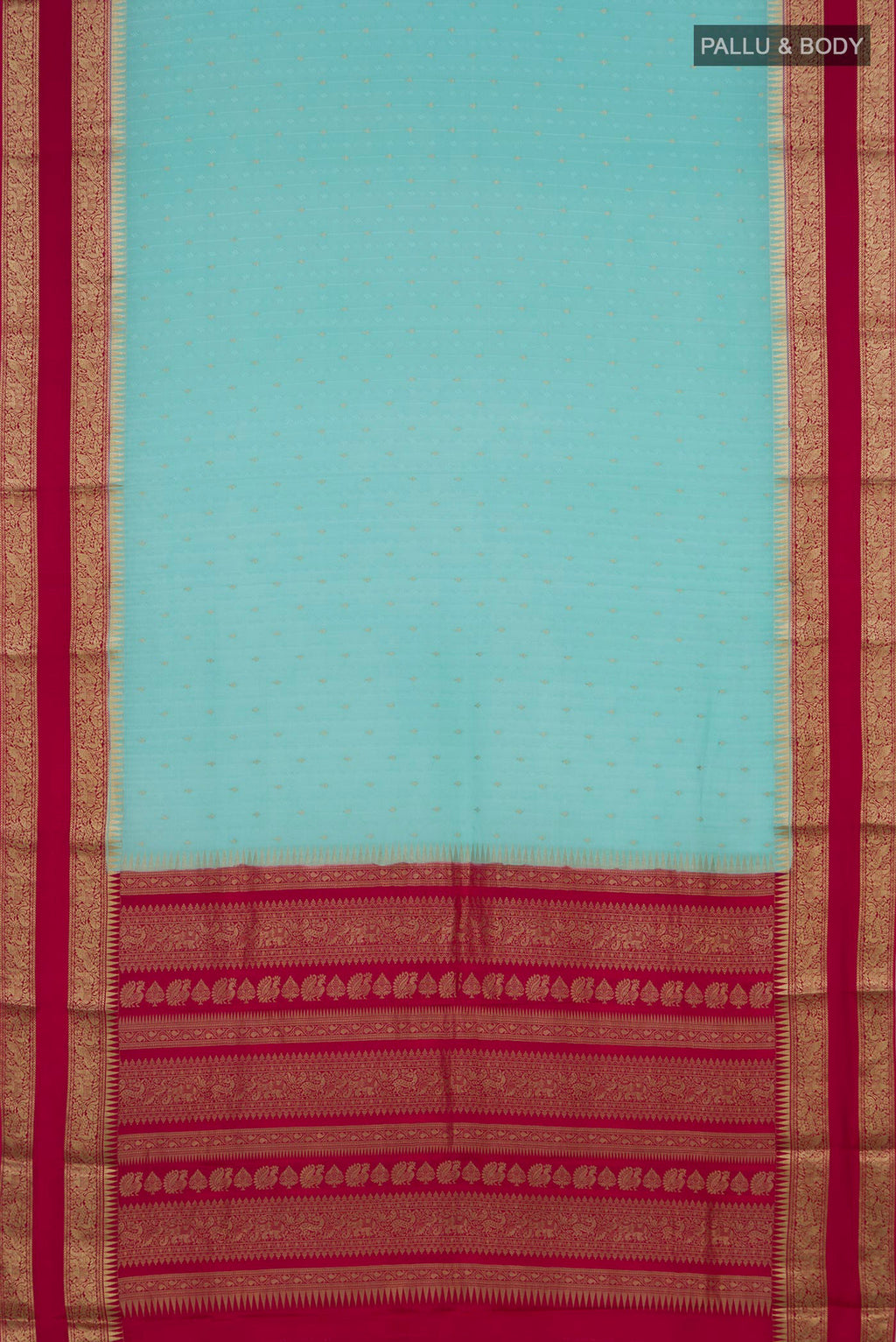 Flat view of Turquoise Mysore Chiffon Saree with Zari Butta on the body and Zari Border. 