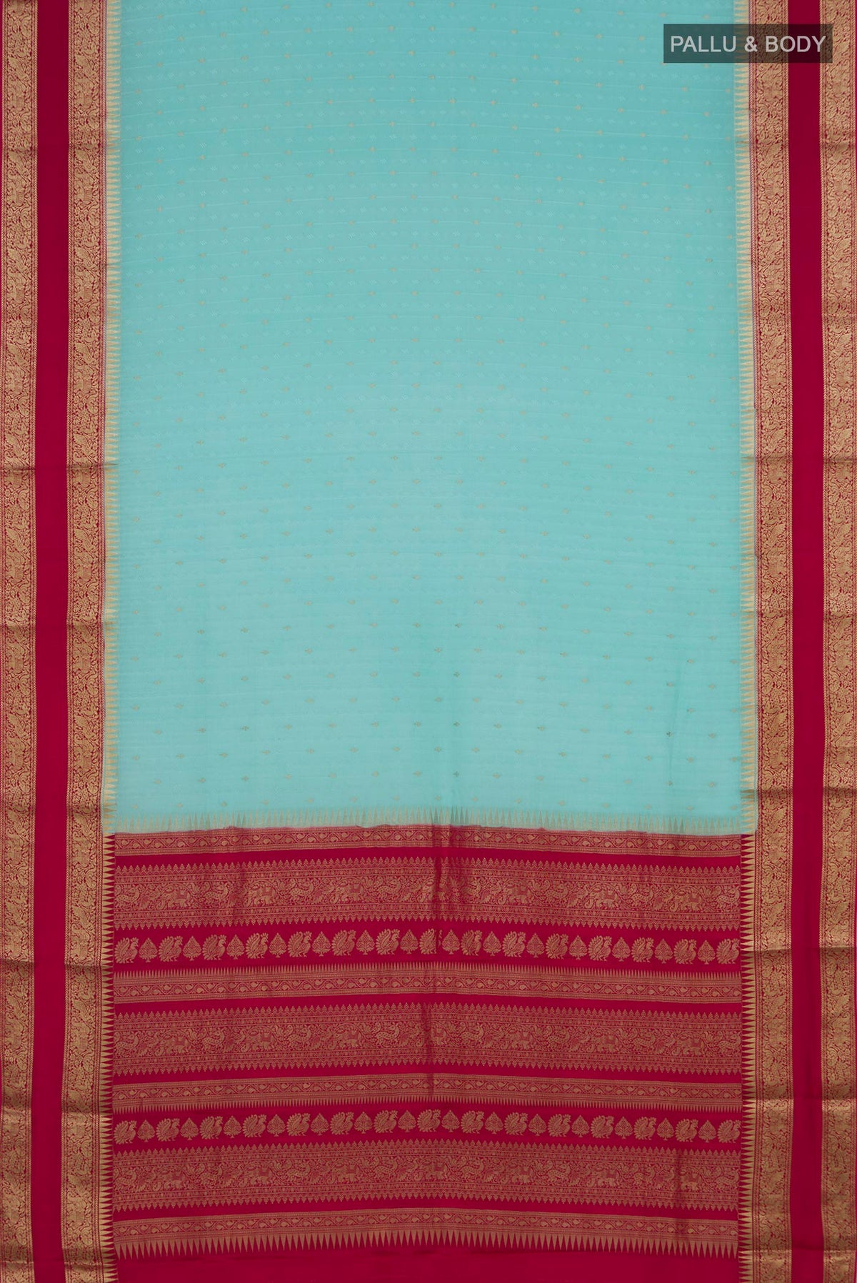 Flat view of Turquoise Mysore Chiffon Saree with Zari Butta on the body and Zari Border. 