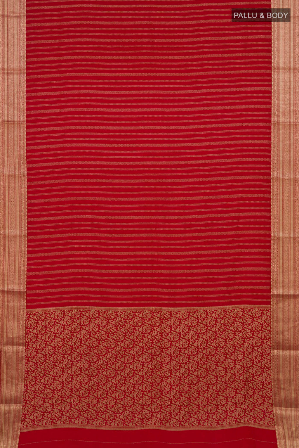 Flat view of Red Mysore Crepe Saree with Stripes on the body and Zari Border. 