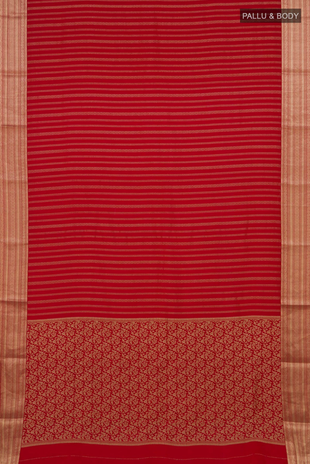 Flat view of Red Mysore Crepe Saree with Stripes on the body and Zari Border. 