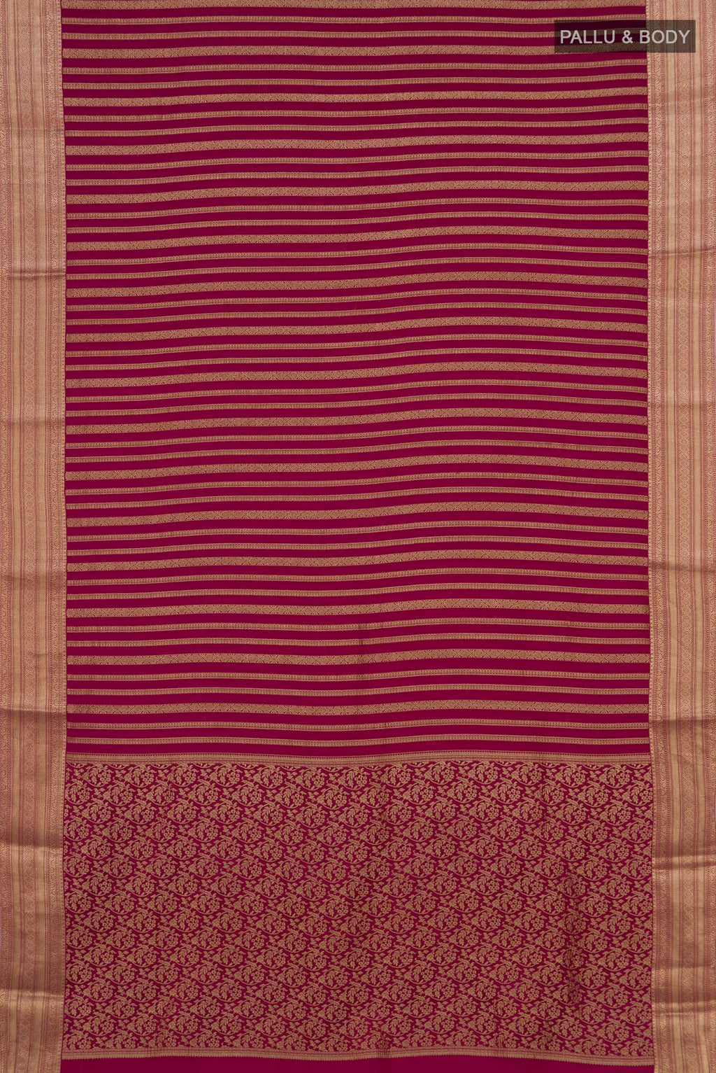Flat view of Maroon Mysore Crepe Saree with Stripes on the body and Zari Border. 