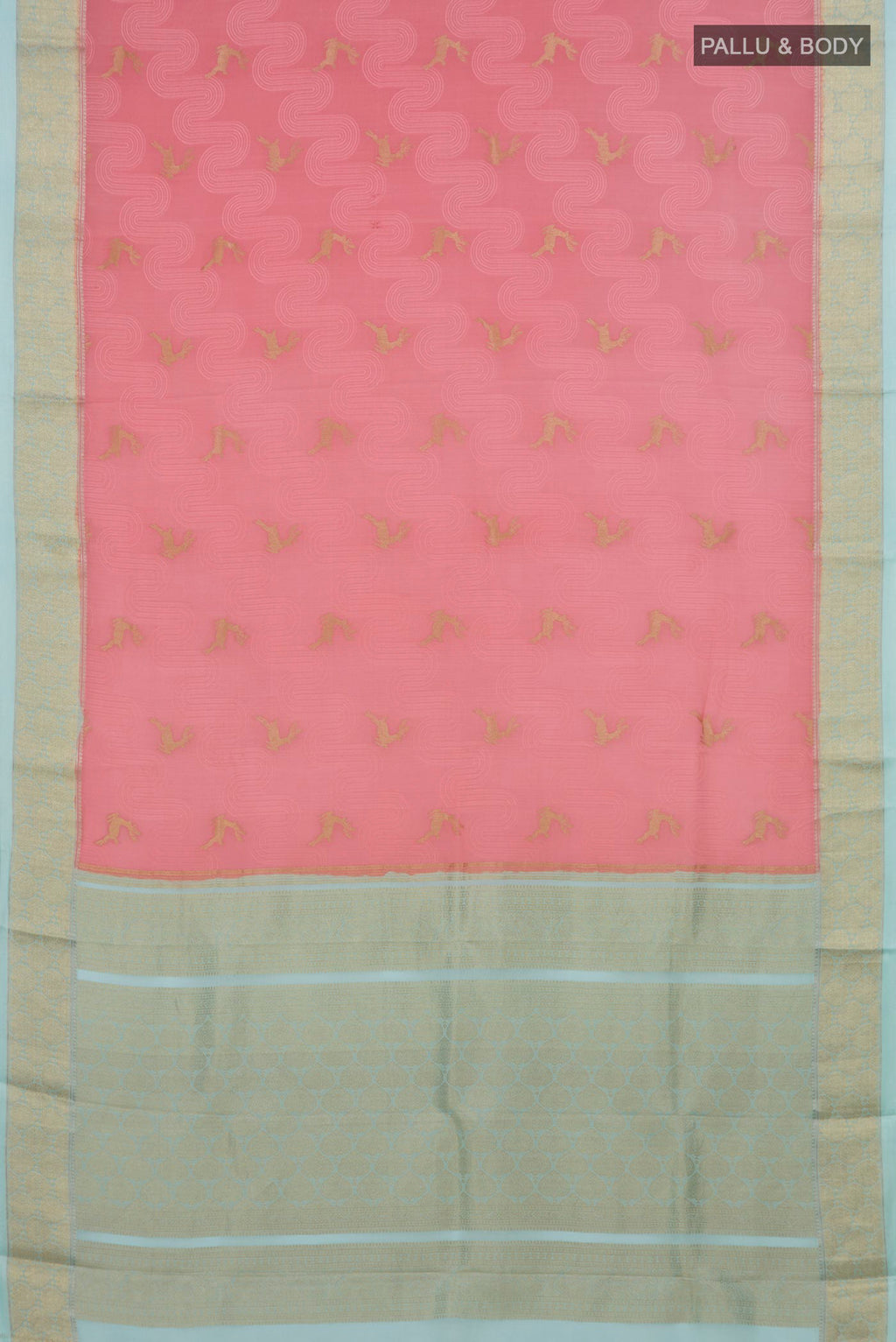 Flat view of Peach Mysore Crepe Saree with Zari Butta on the body and Zari Border. 