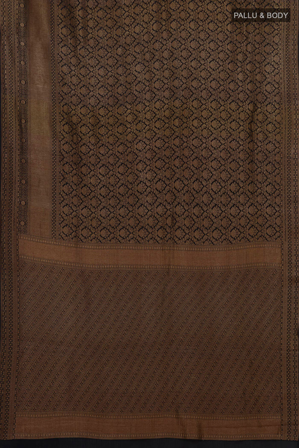 Flat view of Black Mysore Crepe Saree with Zari Brocade on the body and Zari Border. 