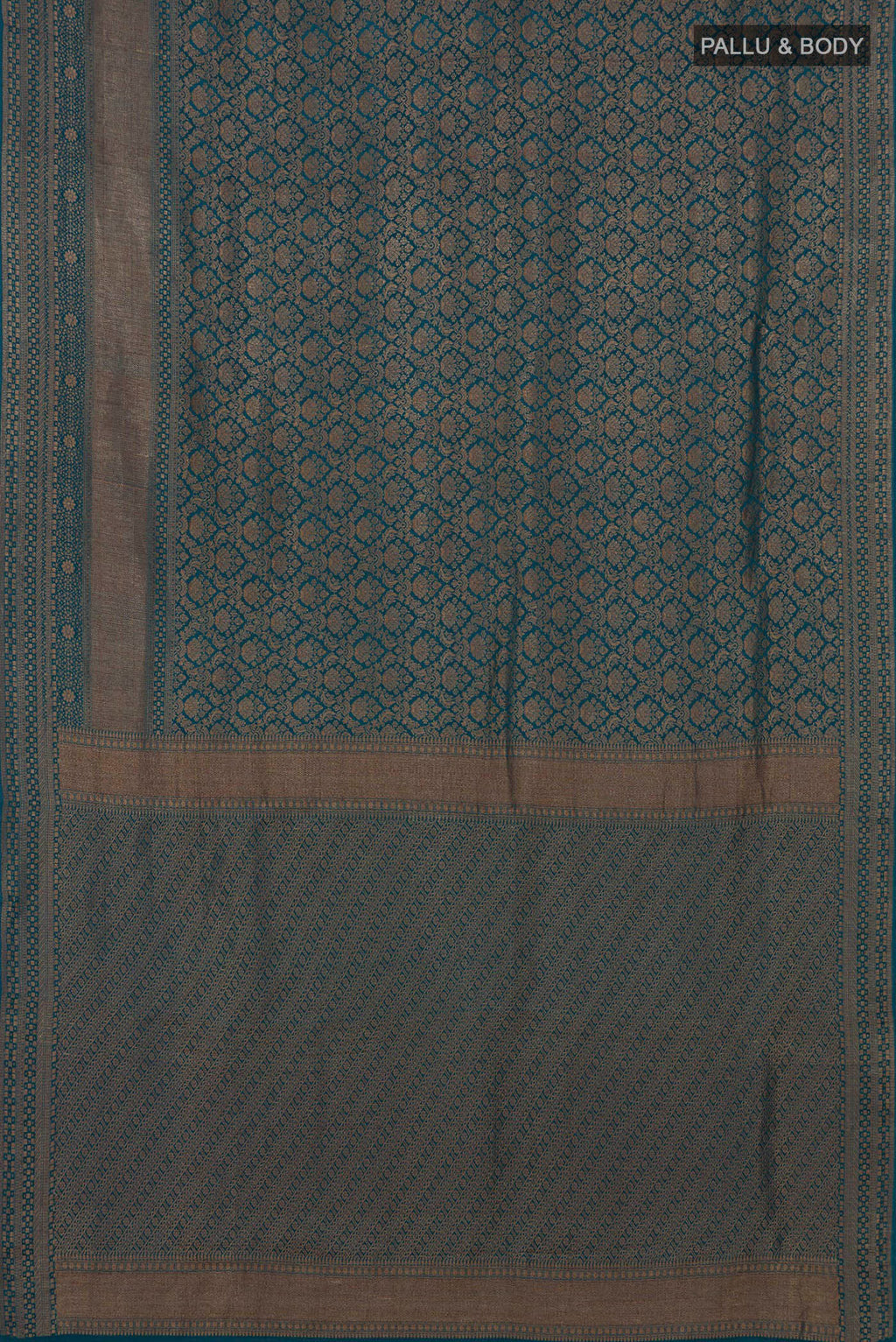 Flat view of Teal Mysore Crepe Saree with Zari Brocade on the body and Zari Border. 