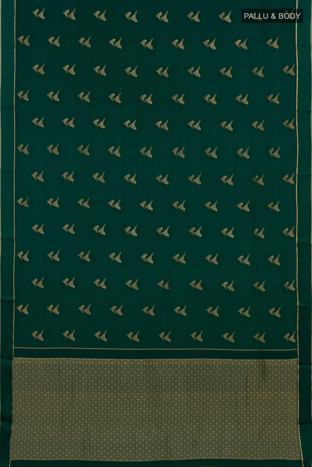 Flat view of Green Mysore Crepe Saree with Zari Butta on the body and Thin Zari Line. 