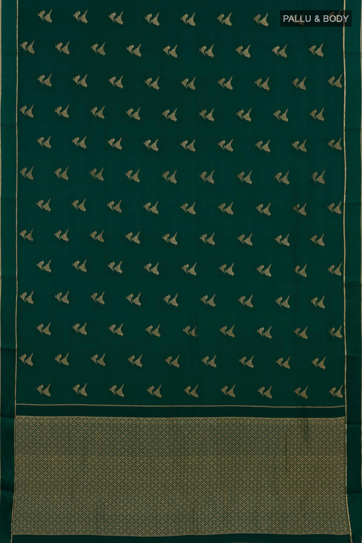 Flat view of Green Mysore Crepe Saree with Zari Butta on the body and Thin Zari Line. 