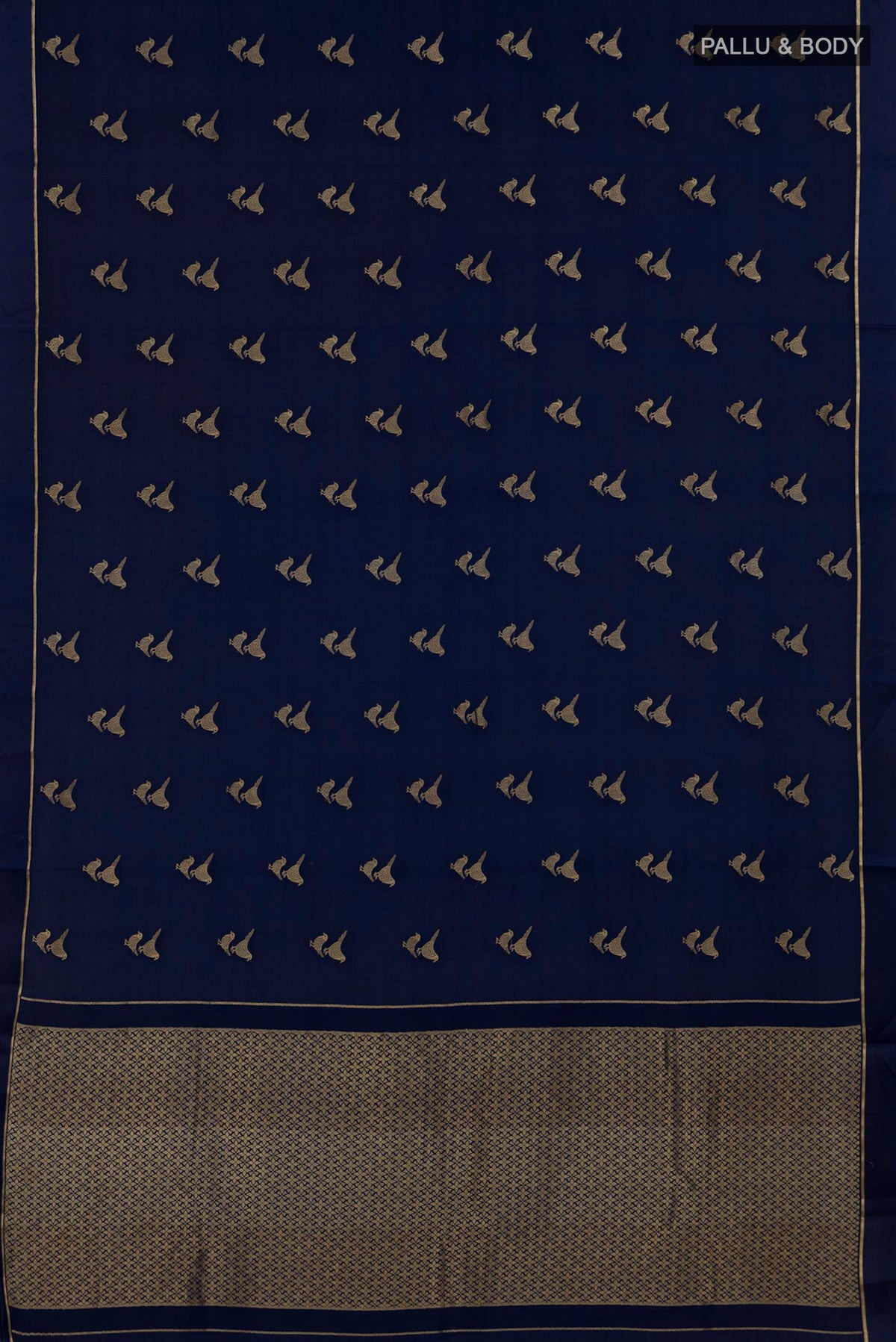Flat view of Navy Blue Mysore Crepe Saree with Zari Butta on the body and Thin Zari Line. 