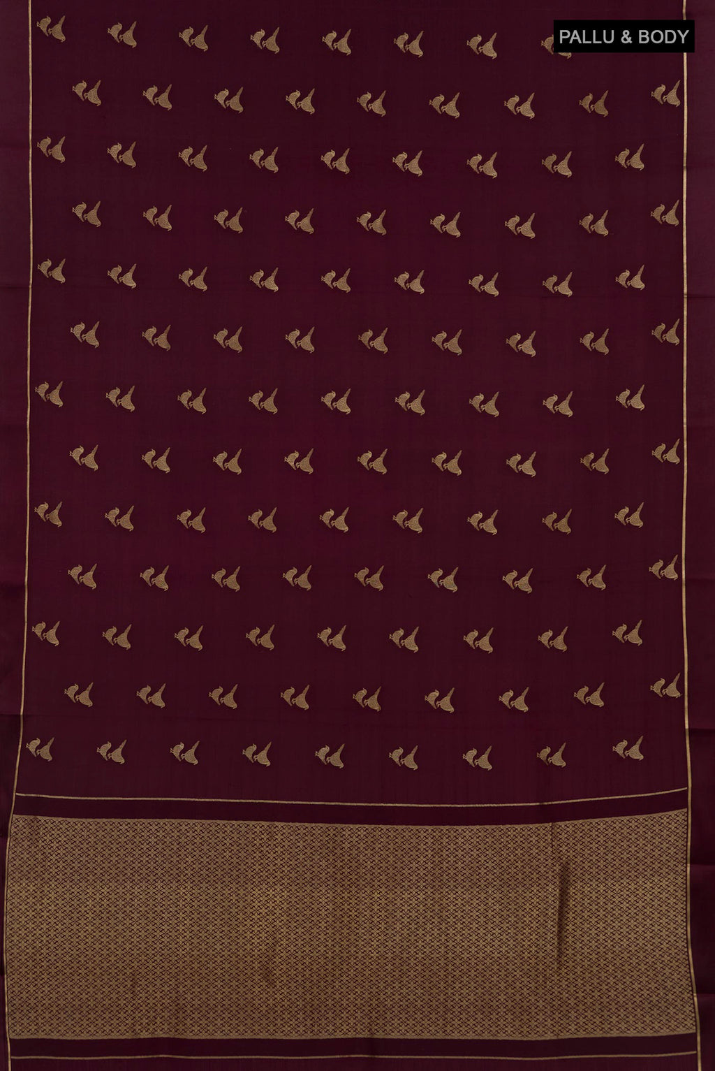 Flat view of Coffee Brown Mysore Crepe Saree with Zari Butta on the body and Thin Zari Line. 