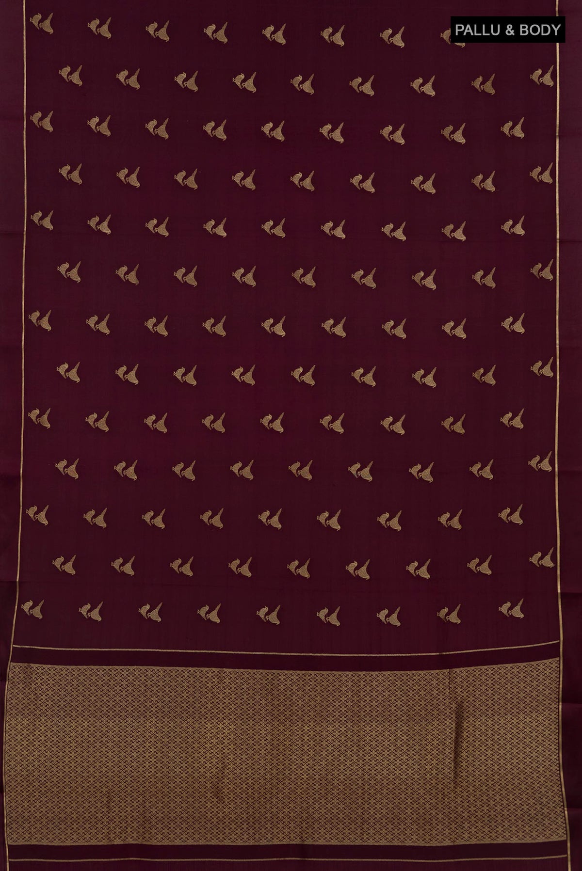 Flat view of Coffee Brown Mysore Crepe Saree with Zari Butta on the body and Thin Zari Line. 