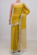 Yellow Mysore Crepe Saree with Checked design on the body and Zari Border.  displayed on a mannequin