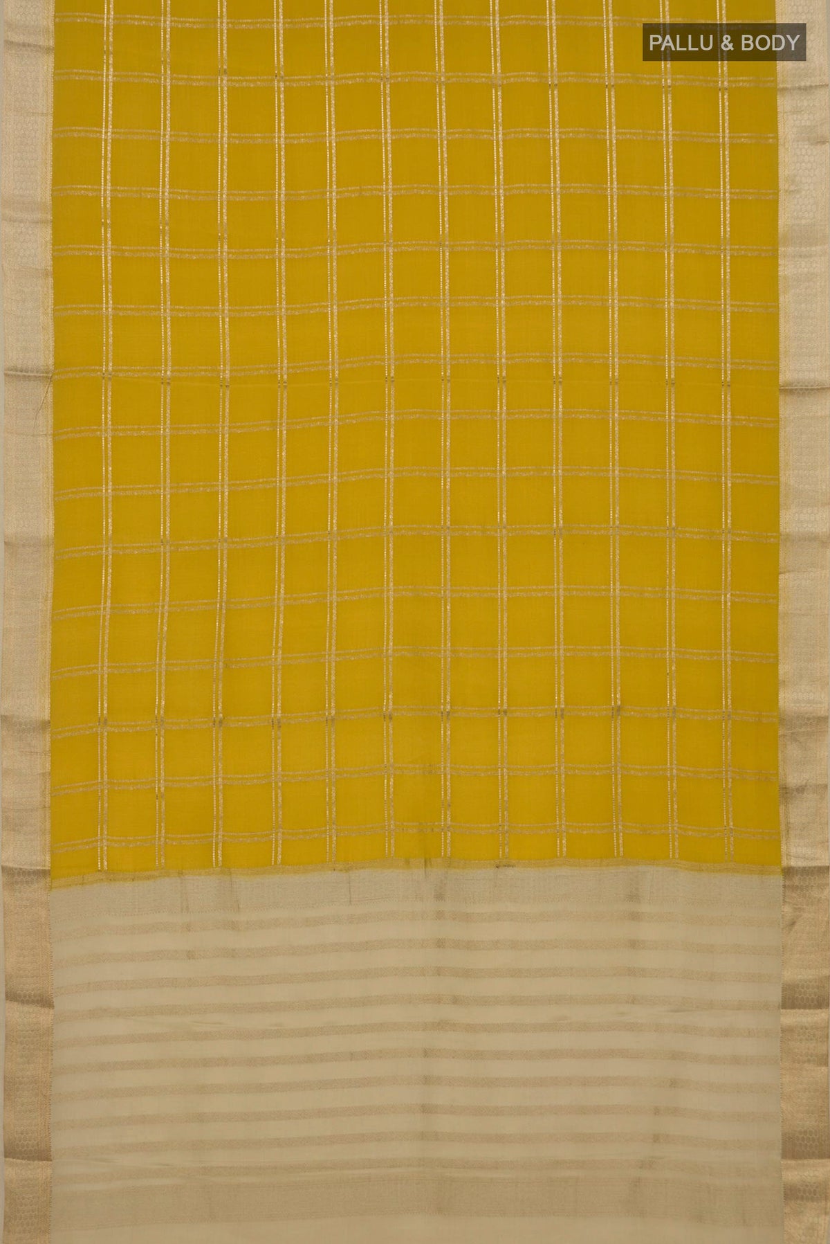 Flat view of Yellow Mysore Crepe Saree with Checked design on the body and Zari Border. 
