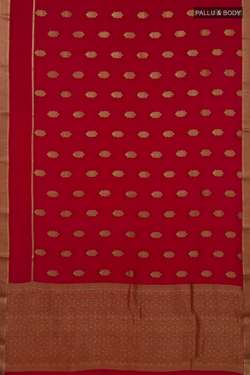 Flat view of Red Mysore Crepe Saree with Zari Butta on the body and Zari Border. 