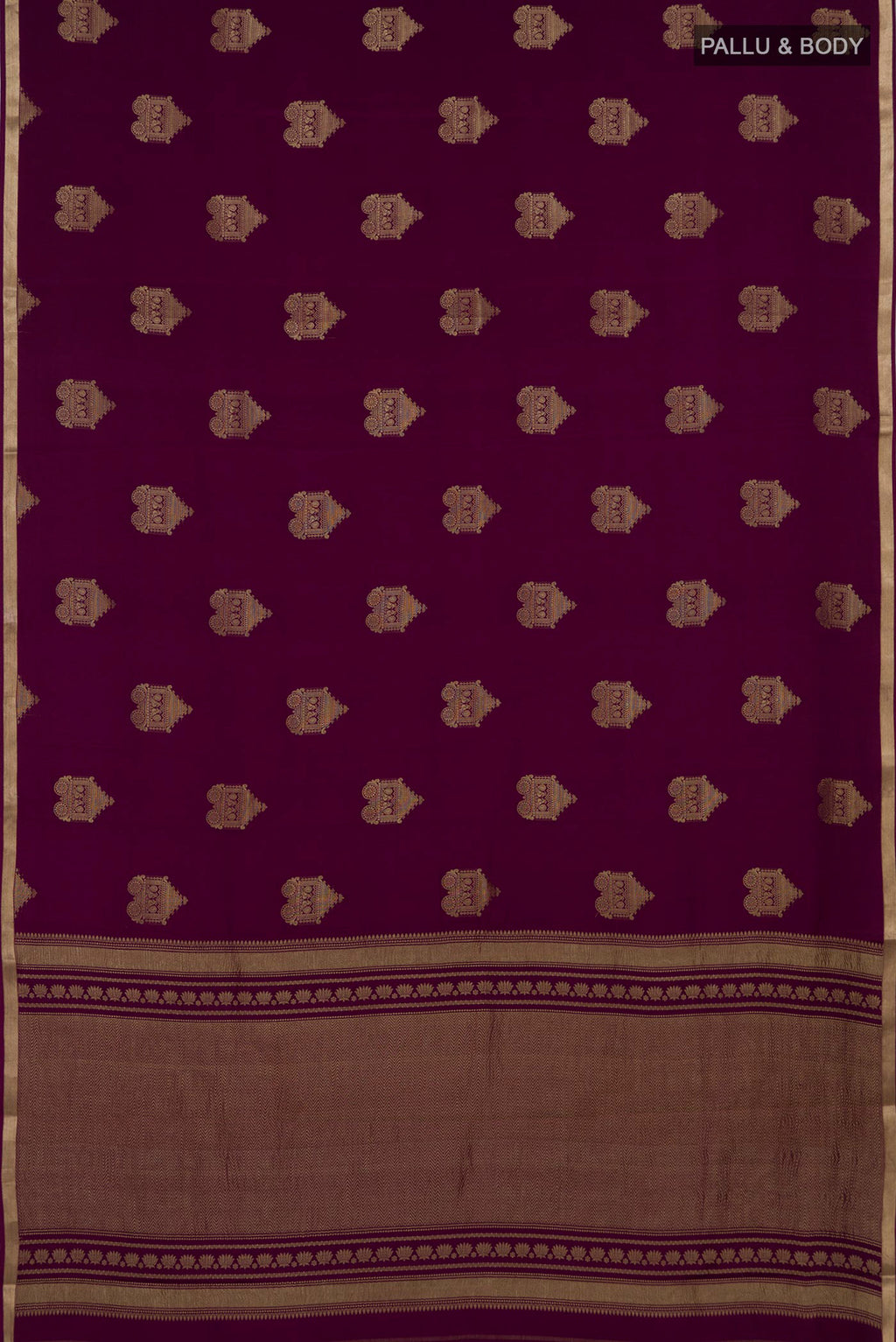 Flat view of Purple Mysore Crepe Saree with Zari Butta on the body and Zari Border. 