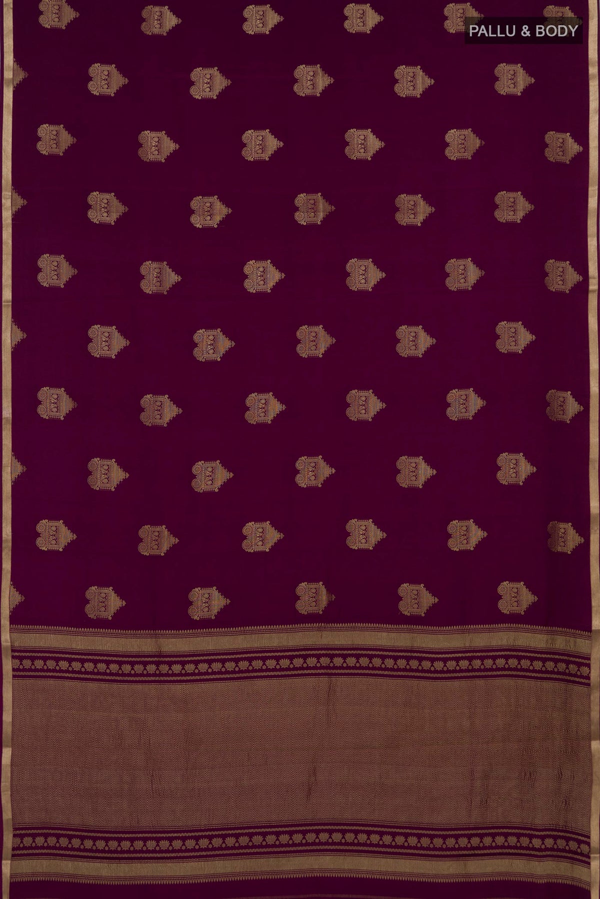 Flat view of Purple Mysore Crepe Saree with Zari Butta on the body and Zari Border. 