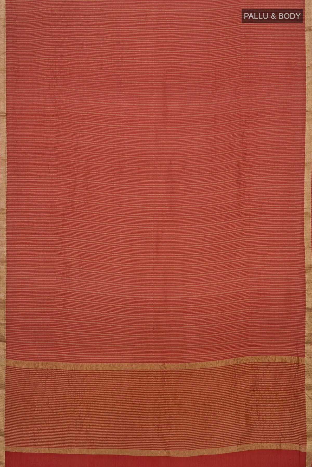 Flat view of Rust Mysore Georgette Saree with Stripes on the body and Thin Zari Line. 