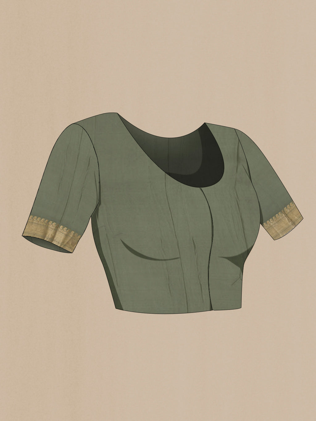 Close up image of the blouse of Sage Green Mysore Crepe Saree with Zari Brocade on the body and Zari Border. 