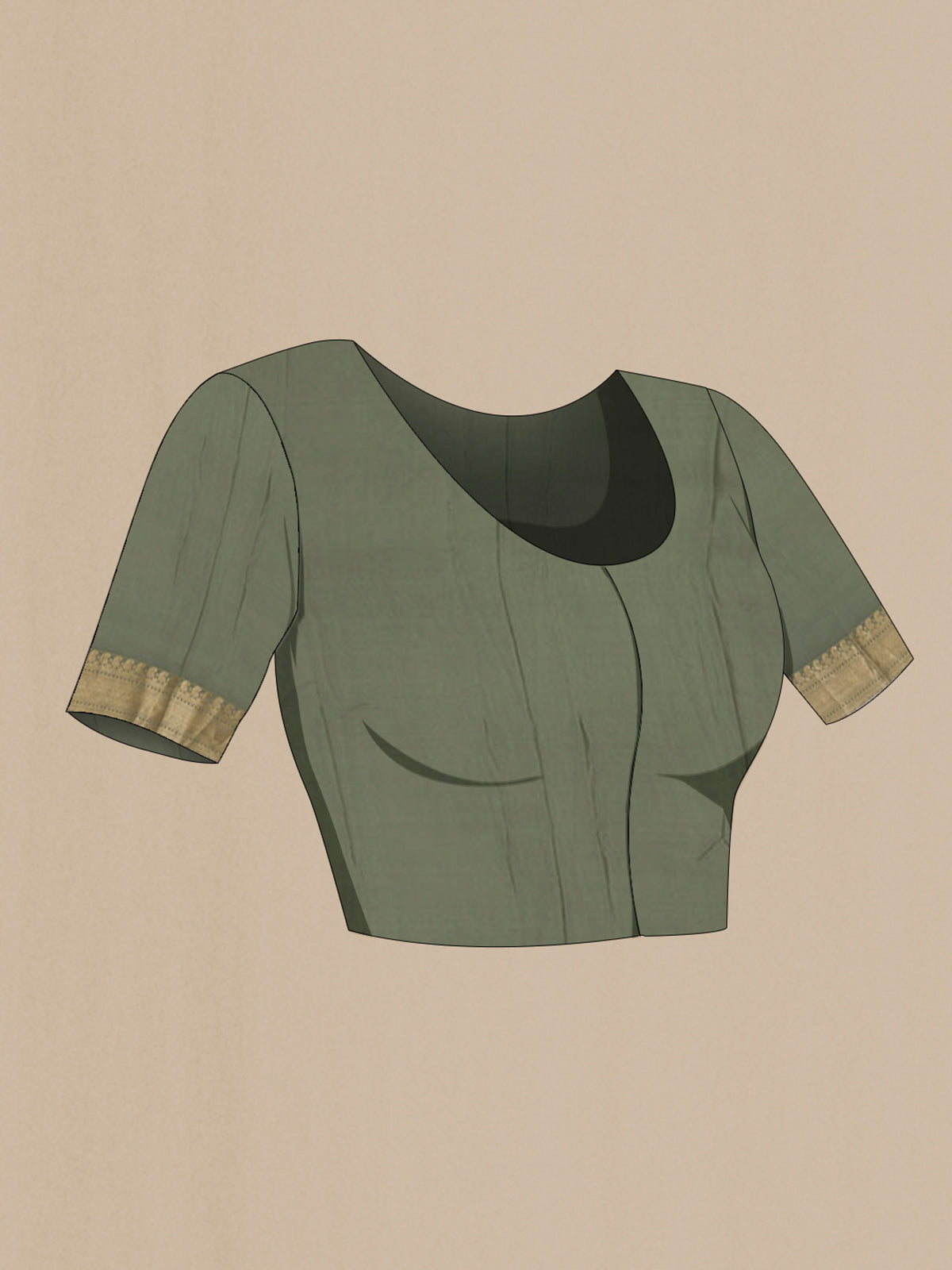 Close up image of the blouse of Sage Green Mysore Crepe Saree with Zari Brocade on the body and Zari Border. 