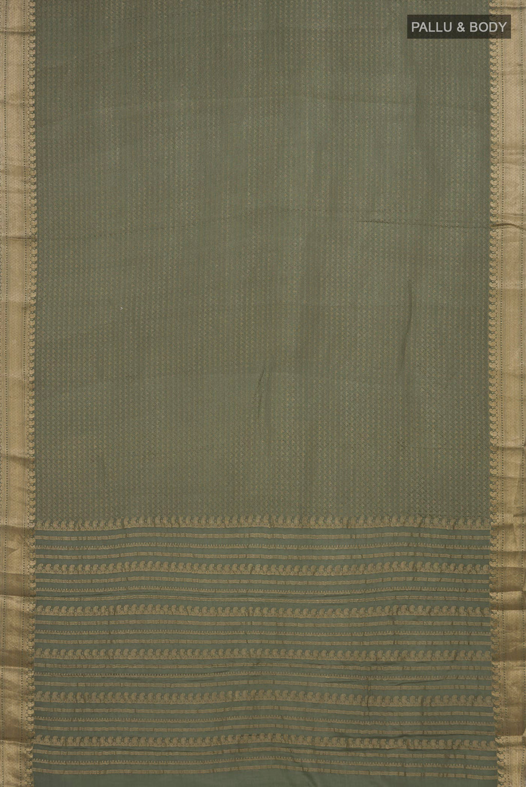 Flat view of Sage Green Mysore Crepe Saree with Zari Brocade on the body and Zari Border. 