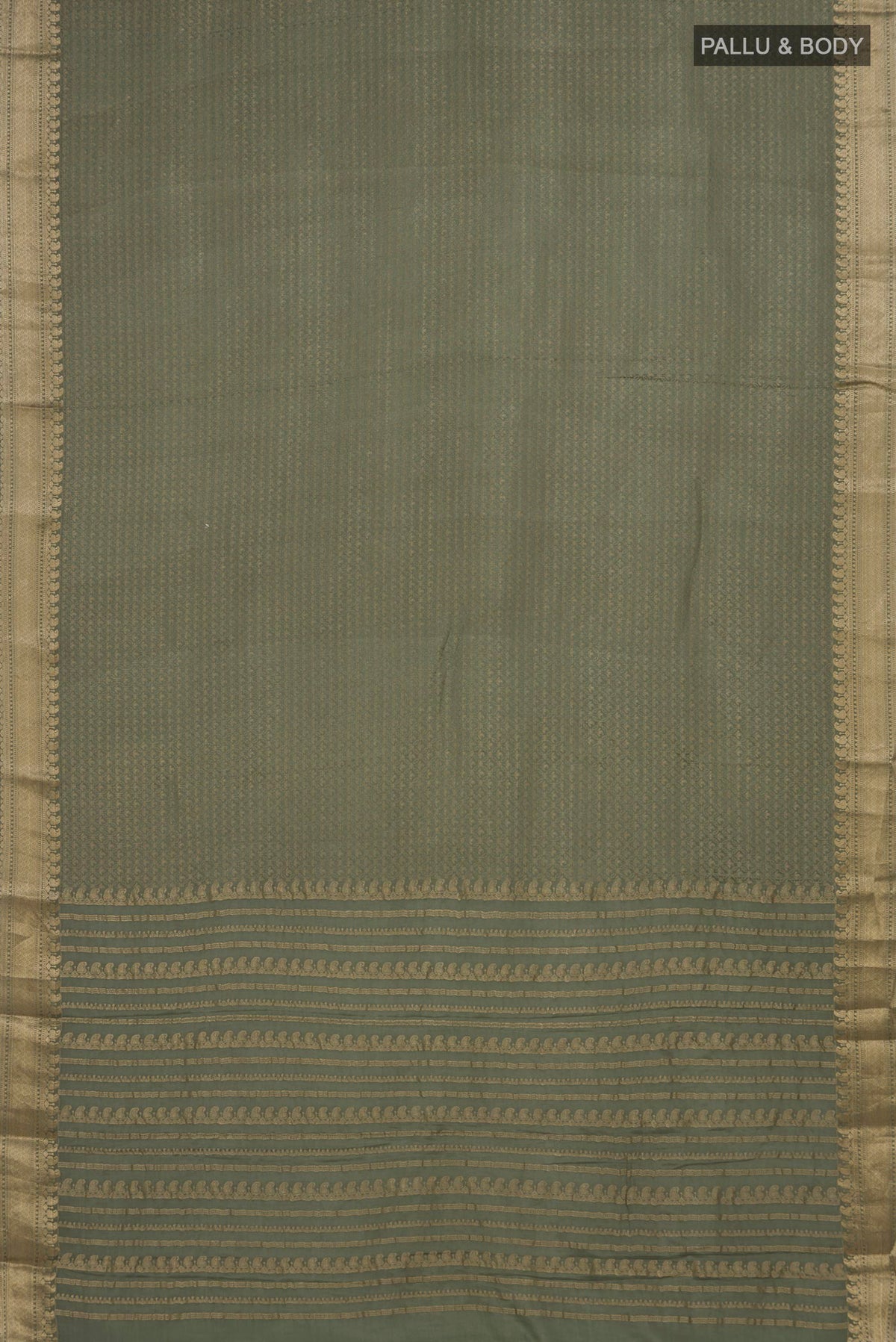 Flat view of Sage Green Mysore Crepe Saree with Zari Brocade on the body and Zari Border. 