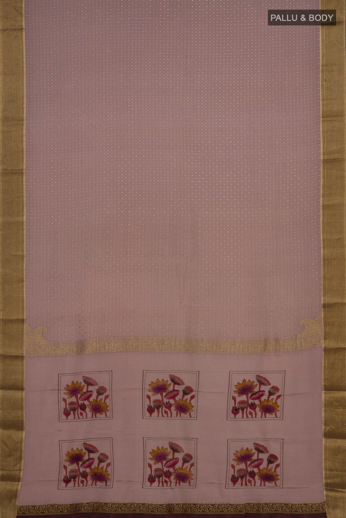 Flat view of Grey Crepe Saree with Fancy on the body and Zari Border. 
