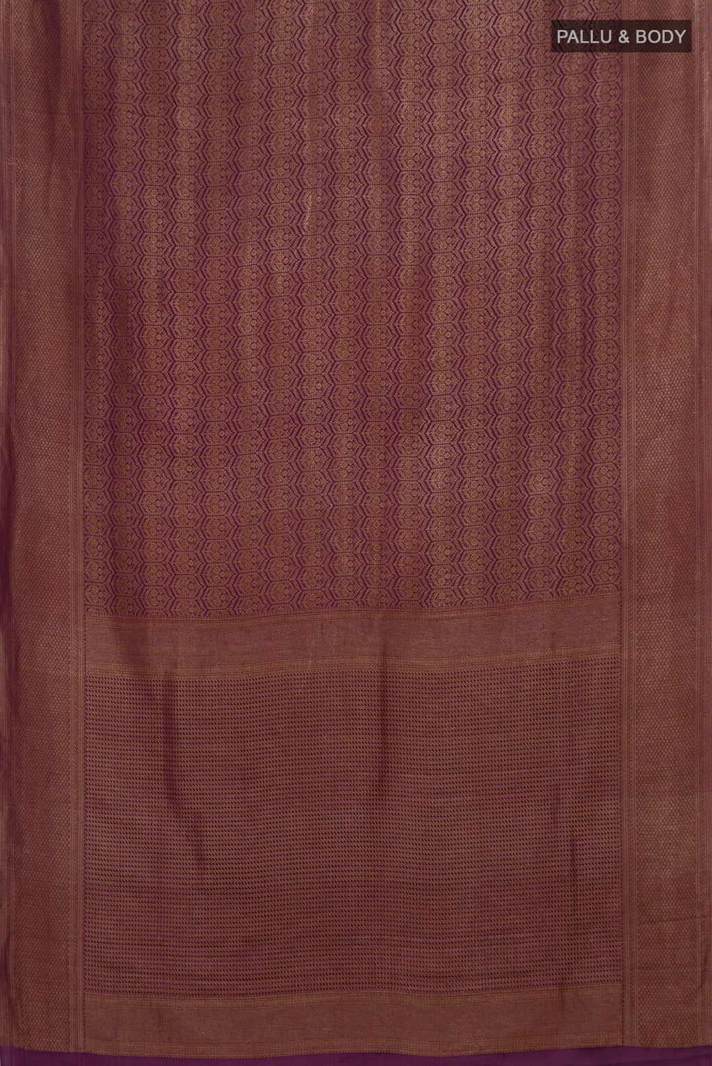 Flat view of Purple Mysore Crepe Saree with Zari Brocade on the body and Zari Border. 