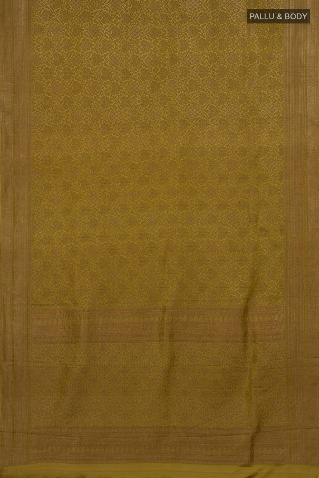 Flat view of Mehandi Green Mysore Crepe Saree with Zari Brocade on the body and Zari Border. 