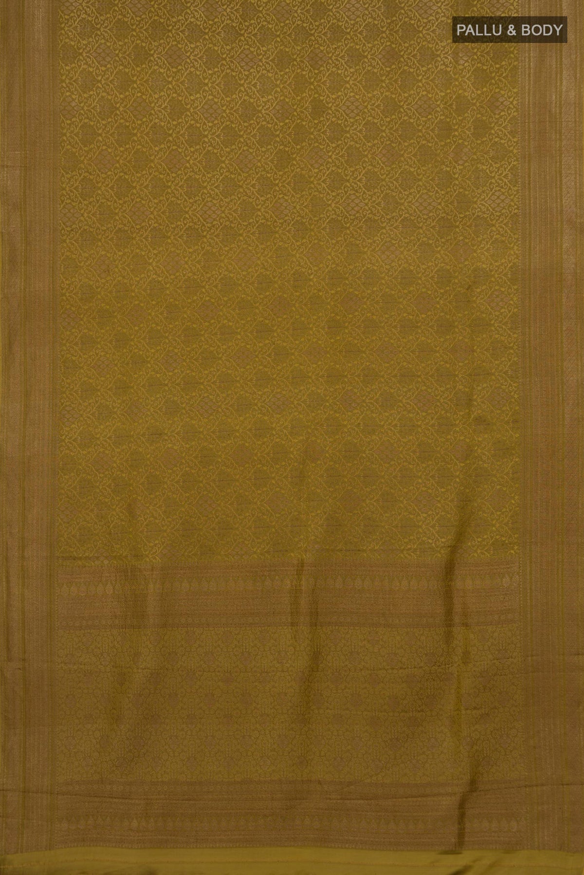 Flat view of Mehandi Green Mysore Crepe Saree with Zari Brocade on the body and Zari Border. 