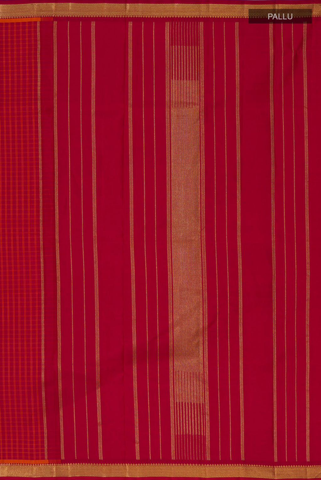 Close up image of the pallu of Pure Silk Pure Zari Red Kanchipuram Saree with Checked design on the body and Zari Border. 