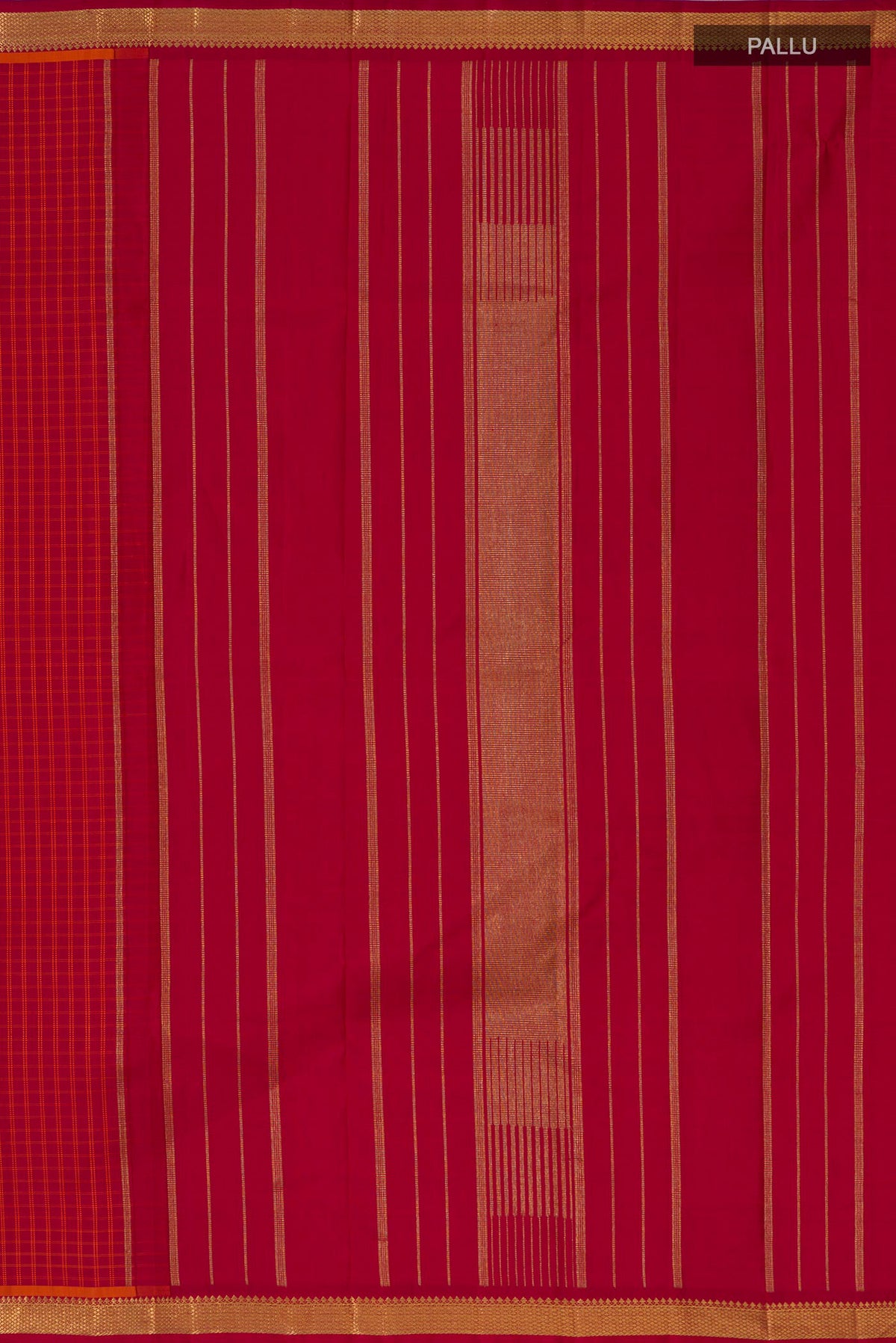 Close up image of the pallu of Pure Silk Pure Zari Red Kanchipuram Saree with Checked design on the body and Zari Border. 