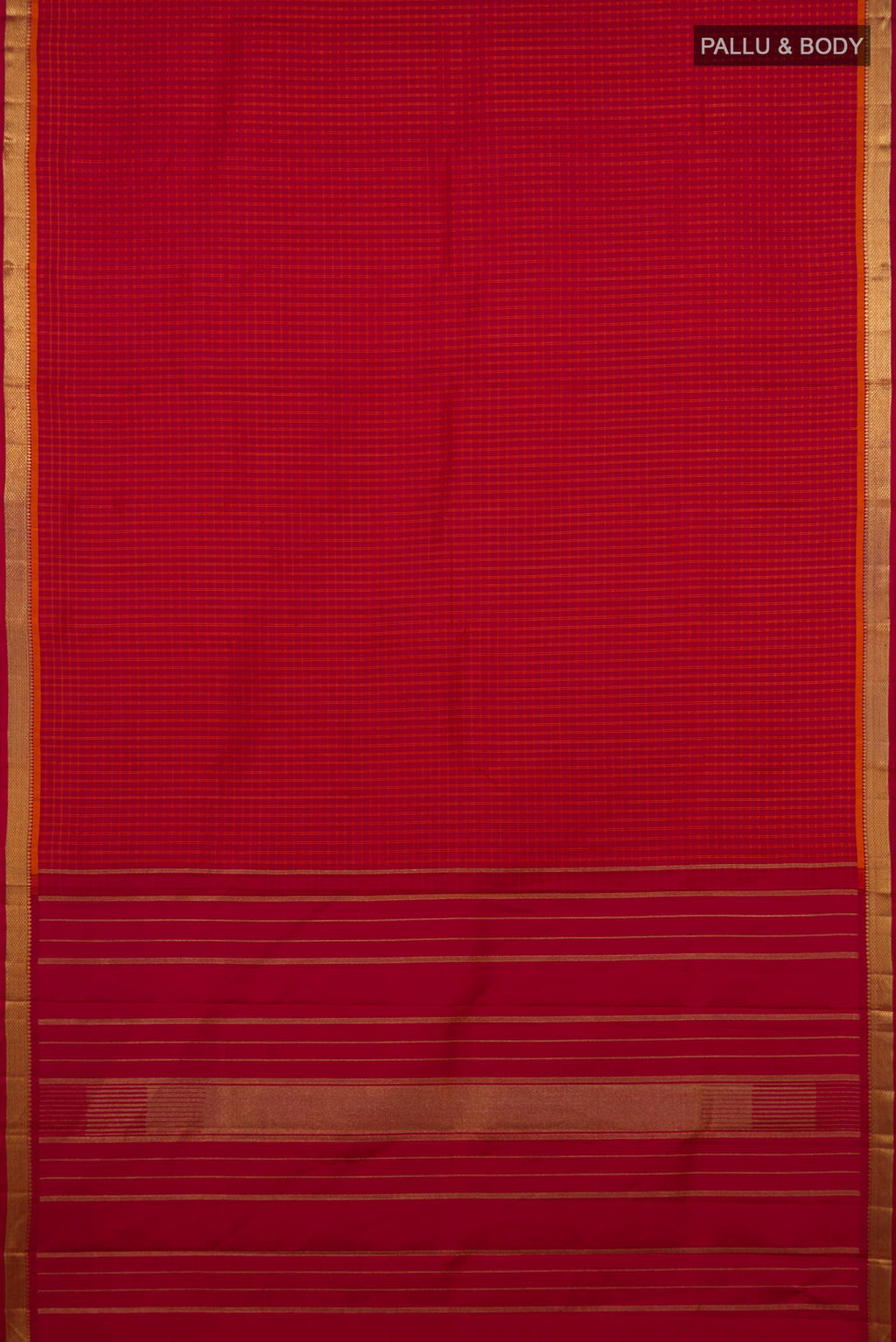 Flat view of Pure Silk Pure Zari Red Kanchipuram Saree with Checked design on the body and Zari Border. 