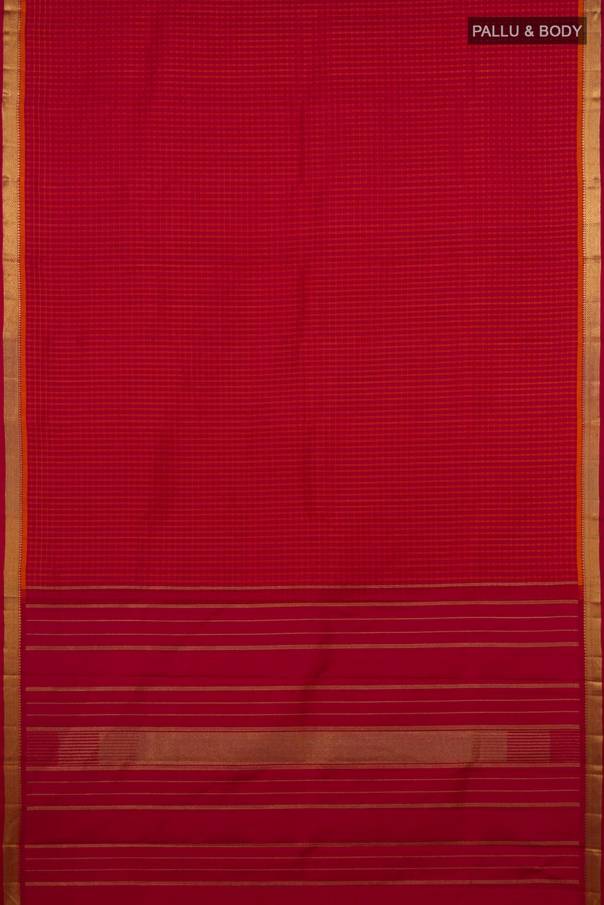Flat view of Pure Silk Pure Zari Red Kanchipuram Saree with Checked design on the body and Zari Border. 