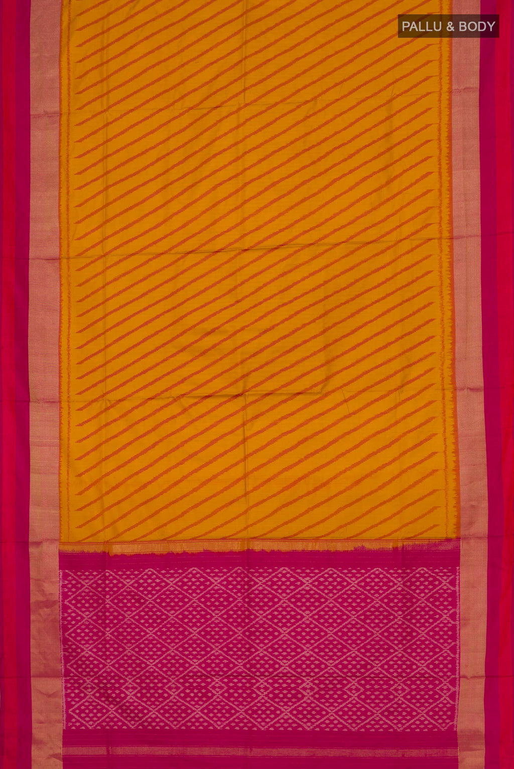 Flat view of Pure Silk Mustard Pochampally Saree with Pure Ikat on the body and Zari Border. 
