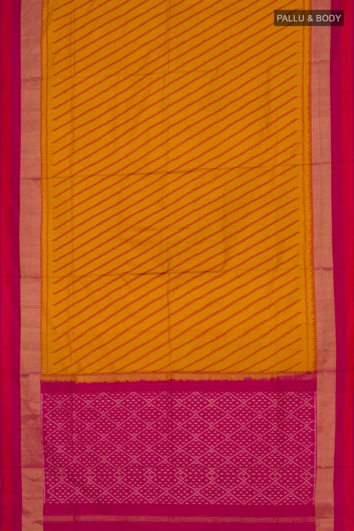 Flat view of Pure Silk Mustard Pochampally Saree with Pure Ikat on the body and Zari Border. 