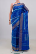 Pure Silk Royal Blue Pochampally Saree with Pure Ikat on the body and Zari Border.  displayed on a mannequin