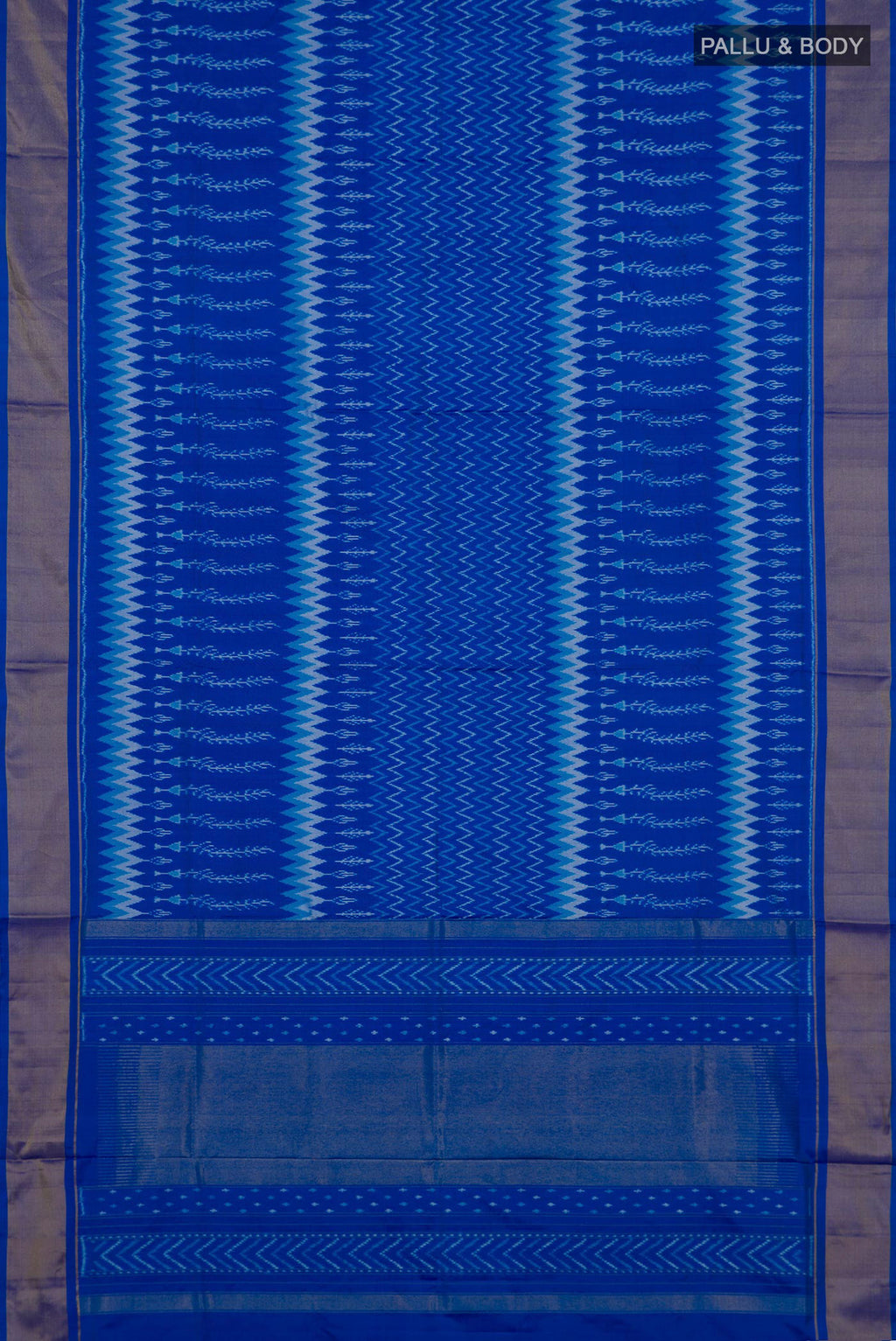Flat view of Pure Silk Royal Blue Pochampally Saree with Pure Ikat on the body and Zari Border. 