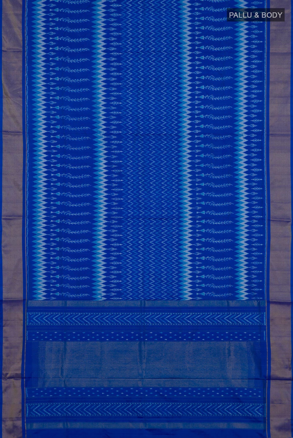 Flat view of Pure Silk Royal Blue Pochampally Saree with Pure Ikat on the body and Zari Border. 
