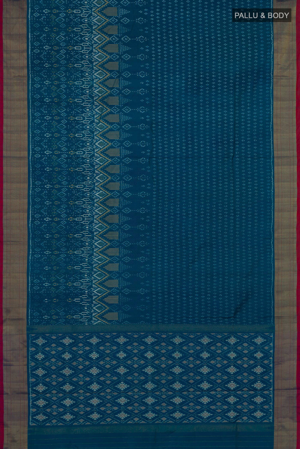 Flat view of Pure Silk Peacock Blue Pochampally Saree with Pure Ikat on the body and Zari Border. 