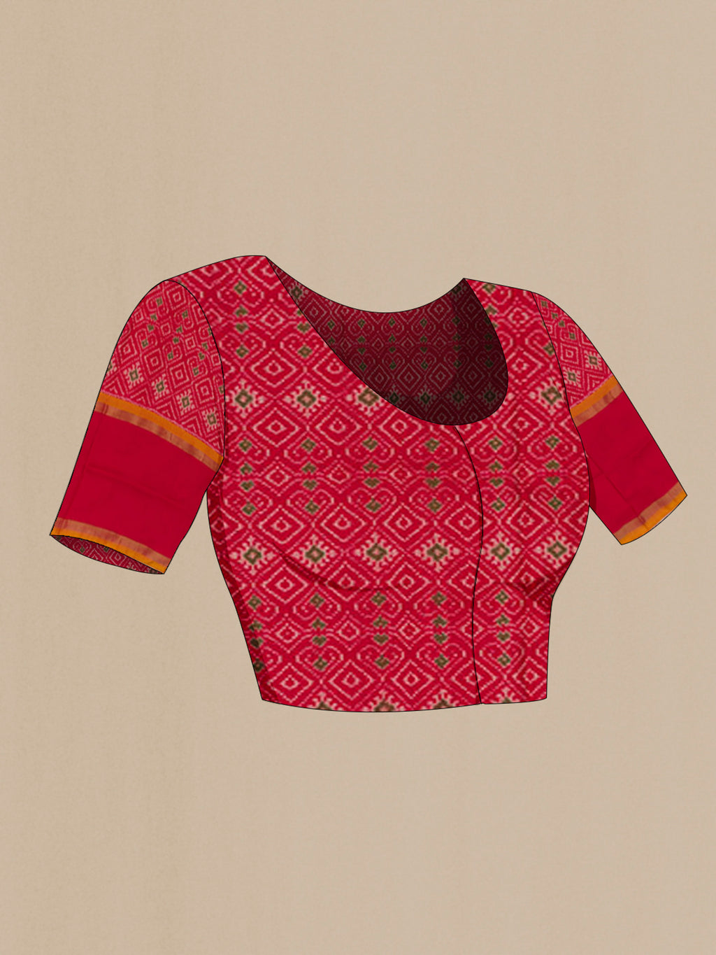 Close up image of the blouse of Pure Silk Grey Pochampally Saree with Checked design on the body and Thin Zari Line. 